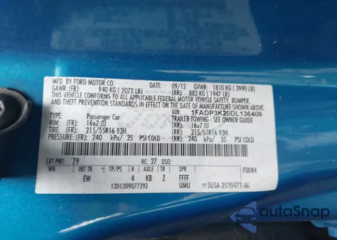 2013 Ford Focus Se from USA, damaged, VIN 1FADP3K20DL136409